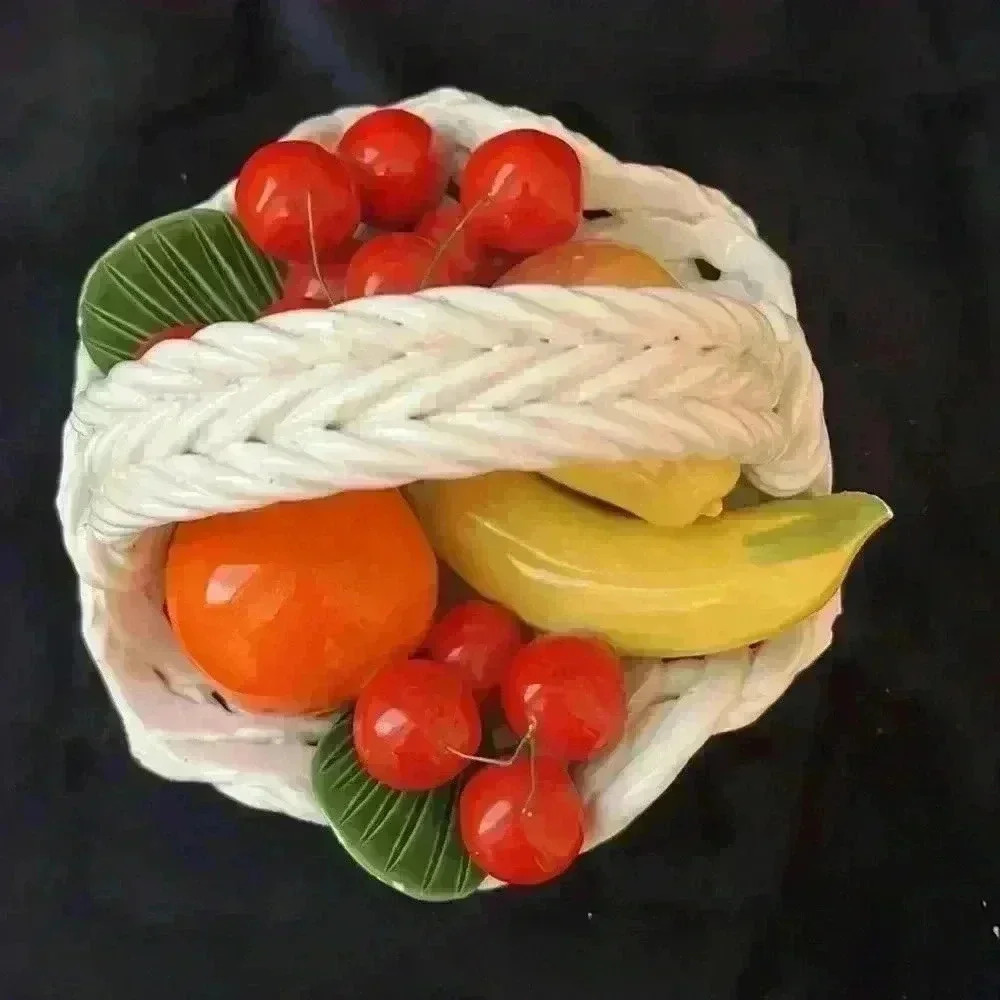Vintage Italian ceramic wicker basket  with fruit